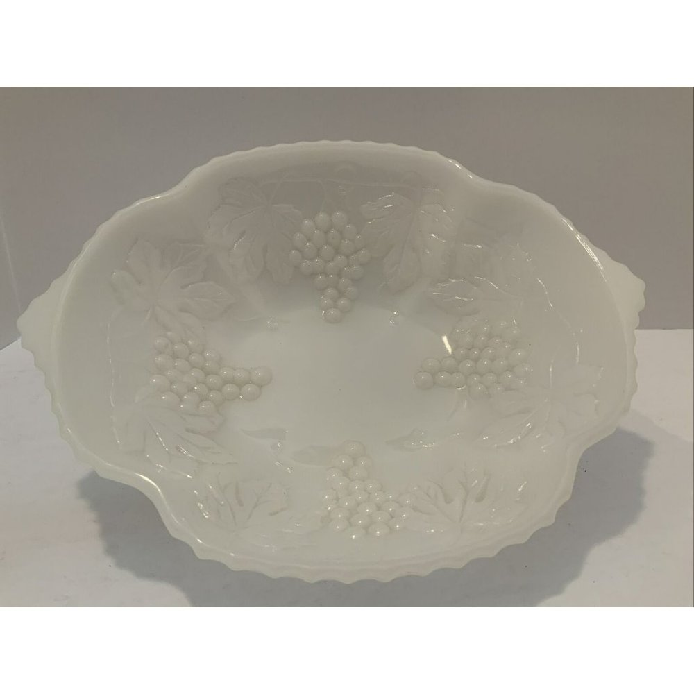 White Milk Glass Fruit Bowl Grape Pattern, Handle w/ Scalloped Ruffled Edges 10”